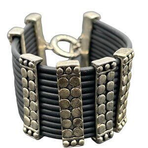 Black Strappy Penal Cuff Bangle Bracelet Silver Tone Punk Boho Gothic